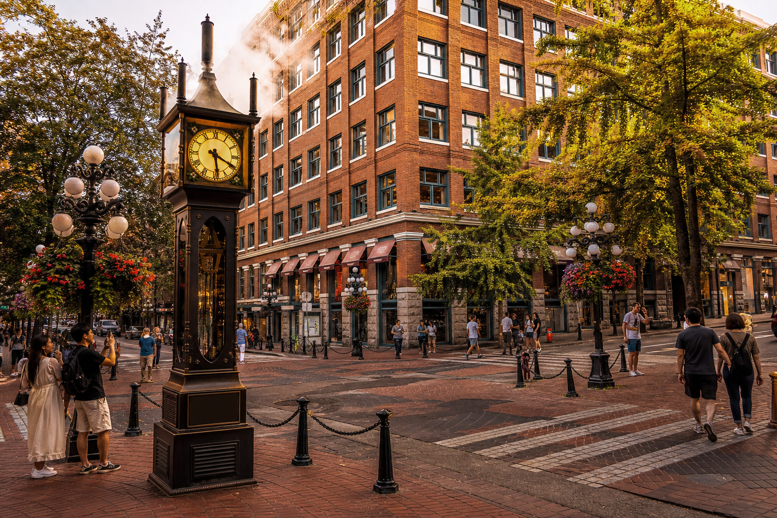 Gastown Steam Clock on cobblestone streets with historic brick buildings in Vancouver